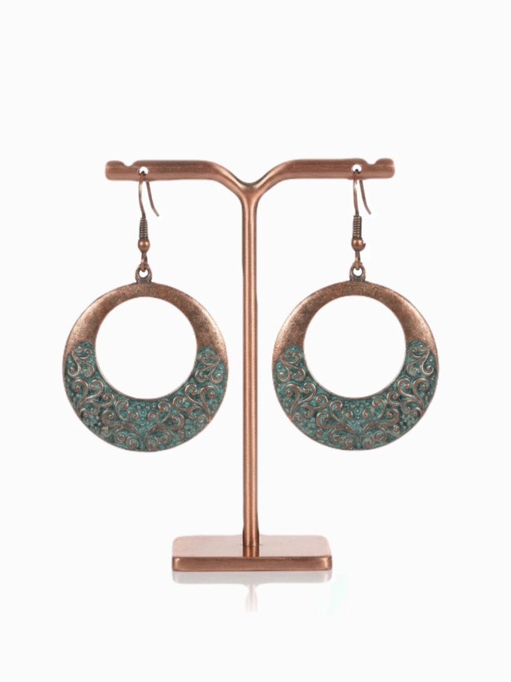 New Hook Back Green Patina Bohemian Handmade Copper Scroll Dangle Earrings